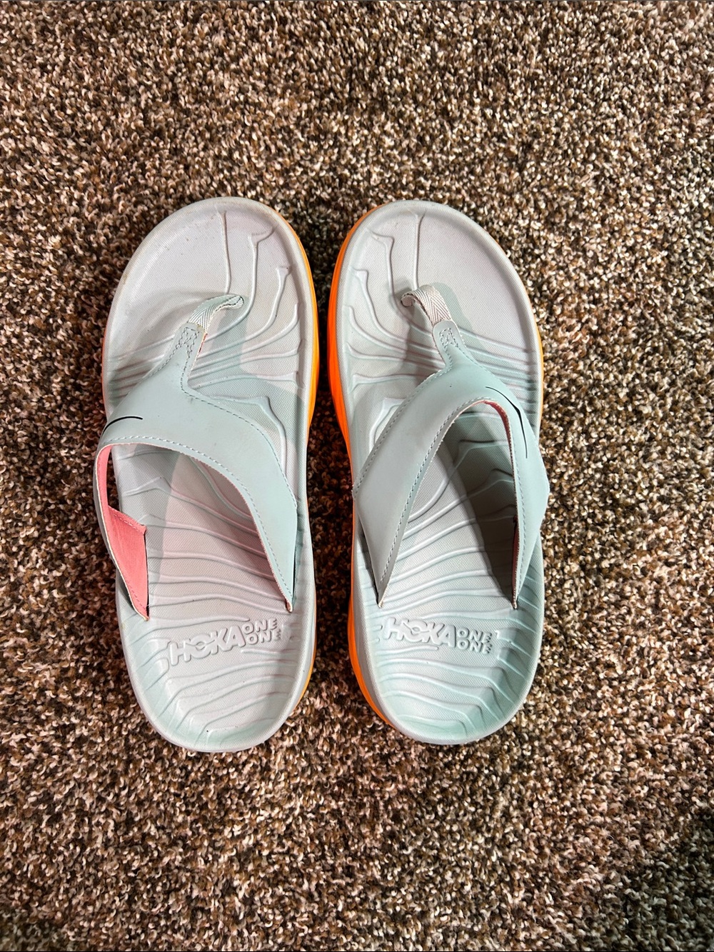 Hoka One One Light Blue and Orange Women's Cushioned Thong Sandals